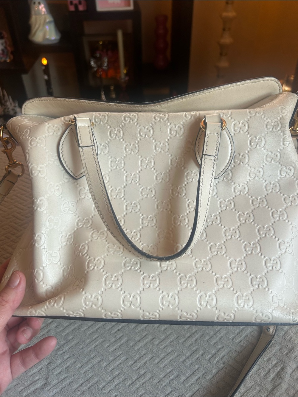 Gucci Cream Embossed GG Leather Hobo Bag